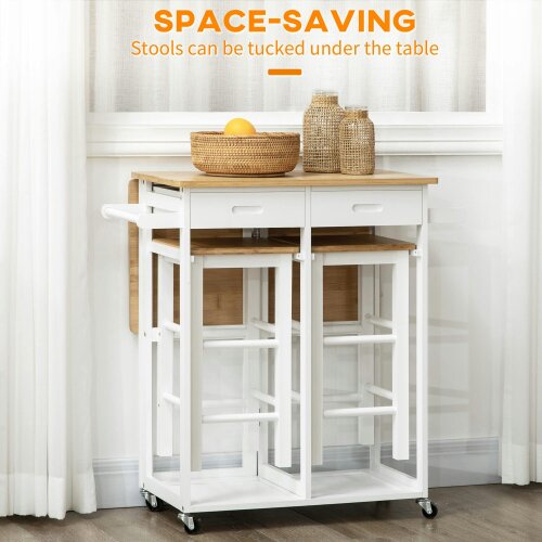 Wyld Haus Elvami Vafa Wooden White Kitchen Island Set With 2 Stools Drop Leaf Top Drawers And Towel Rack