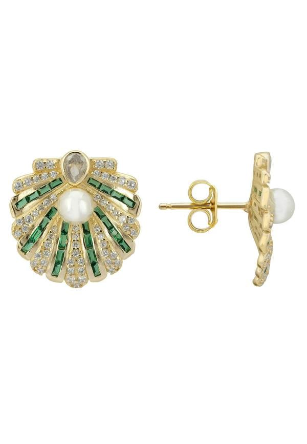 Latelita Art Deco Scallop Shell Earrings Emerald Green With Pearl Gold