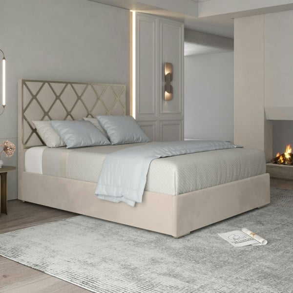 Casa Magna Tammy Upholstered Soft Velvet Metal Bed Frame - Cream