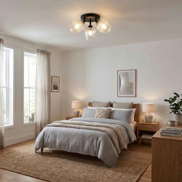 Matte Black Triple Spot Ceiling Light with Clear Ribbed Glass Shades Image 6