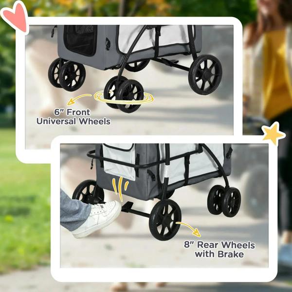Foldable pet stroller wheel system with front universal wheels and rear brakes