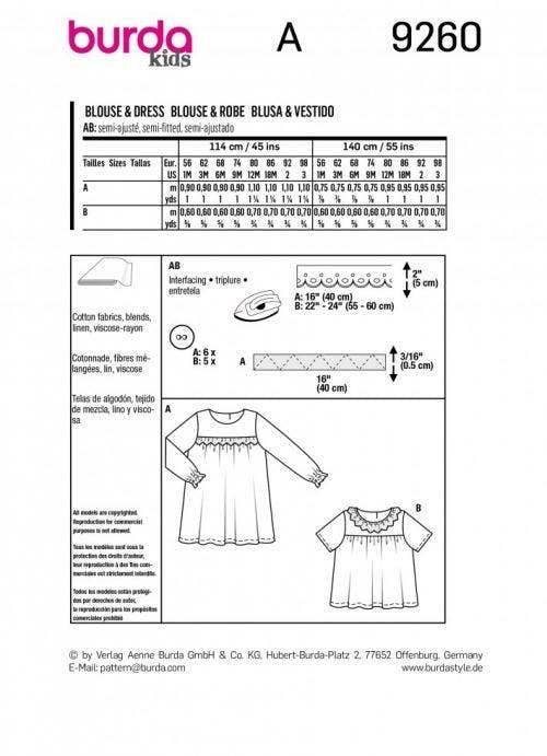 Burda Sewing Pattern 9260 Tops and Dresses For Kids, 1M-3 (56-98) - Easy