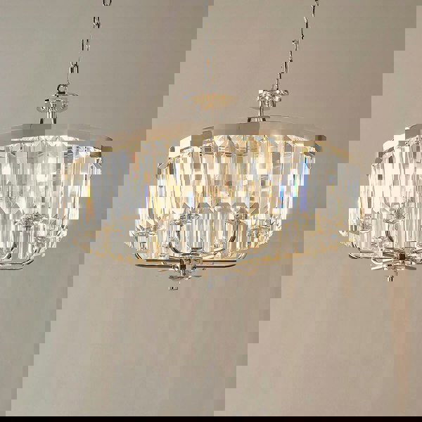 Bright Nickel Ceiling Chandelier Light - Clear Cut Glass 6 Bulb Pendant Fitting