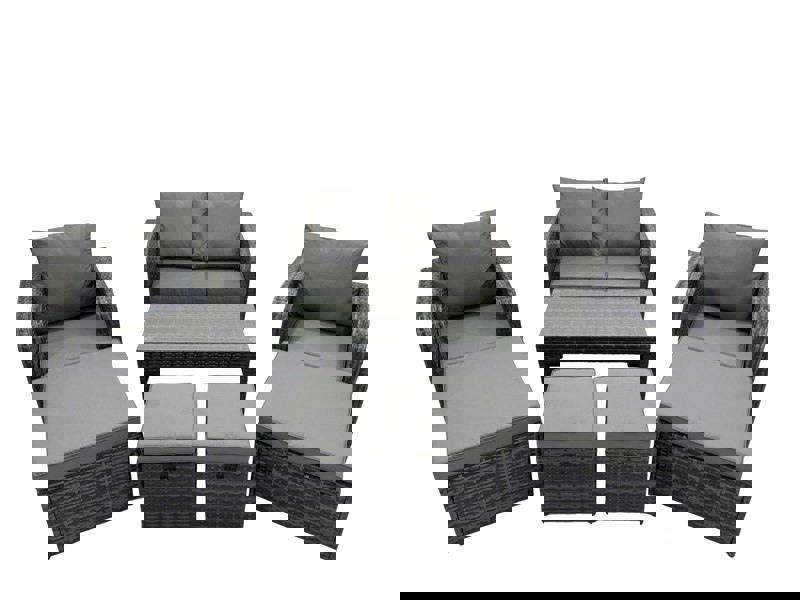 Fimous 3 Seater Sofa Reclining Chair Coffee Table Set Rattan Garden Outdoor Furniture Set with 4 Stool Dark Grey Mixed