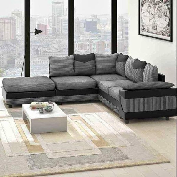 SQUAREBOXX Dino Jumbo Cord with Leather 4-5 Seater Fabric Corner Sofa in Grey with Black