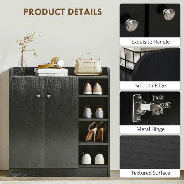 Black shoe storage cabinet product details: textured surface, metal hinges, smooth edge handle