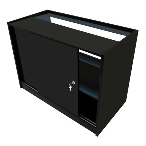 Black Phoenix LED shop counter set featuring a sleek design, sliding door, and open shelving for storage and display