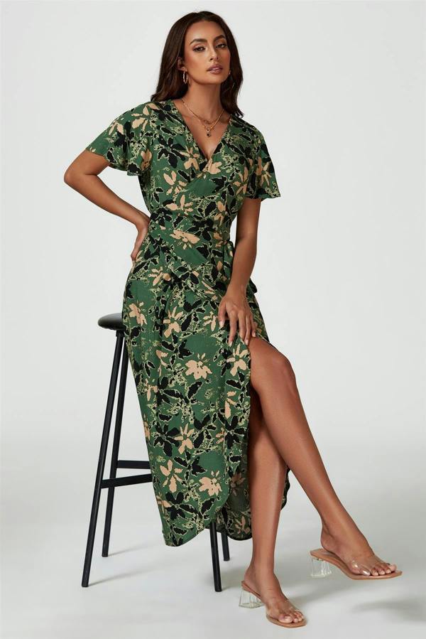 FS Collection Abstract Floral Wrap Maxi Dress In Olive