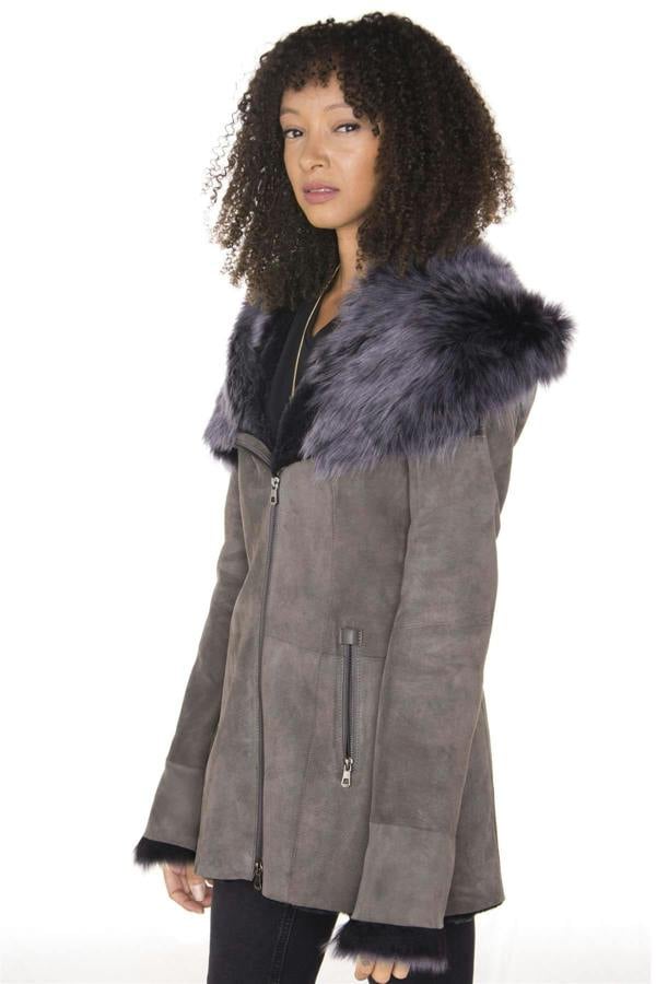 Infinity Leather Womens Grey Suede Hooded Merino Sheepskin Coat-Monrovia