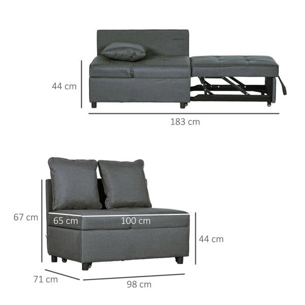 Grey convertible sofa bed with two back cushions, shown with overall dimensions