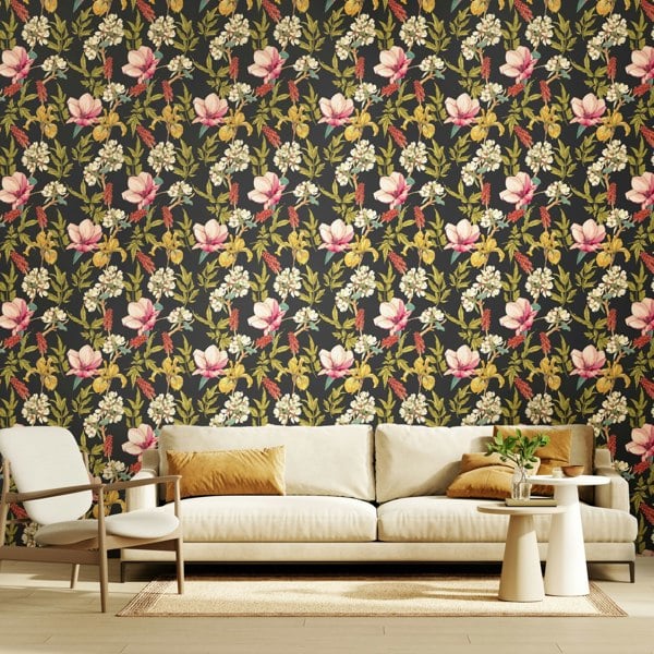 Hoopla Walls Orchid Bloom - Ebony & Raspberry 10m Wallpaper