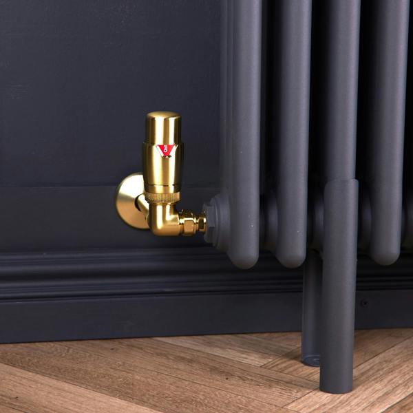 Flode Corner Thermostatic Radiator Valve Pack | 15mm x 1/2" | Brushed Brass