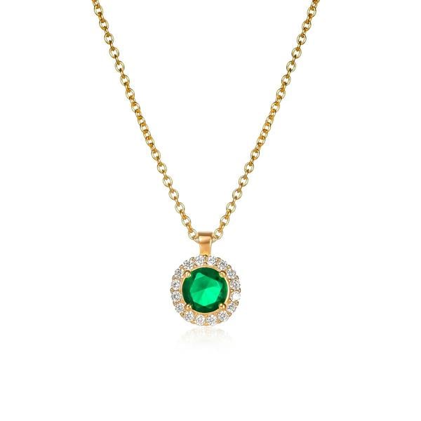 namana Gold Plated Sterling Silver Green Cubic Zirconia Round Halo Pendant Necklace