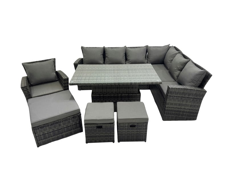Fimous 10 Seater Rattan Garden Furniture Set with Corner Sofa, Adjustable Lifting Dining or Coffee Table & 3 Footstools - Dark Grey
