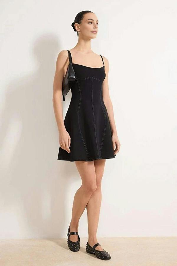 WOVCOR Mini Dress with Contrast Stitch Detail
