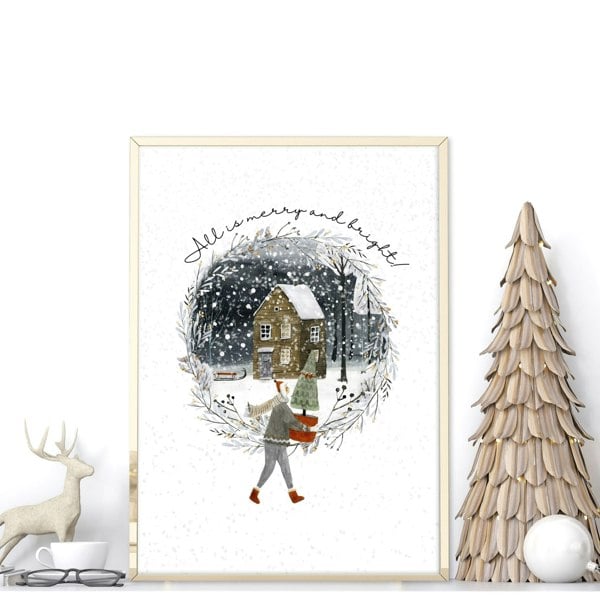 Christmas decor in living room wall art print