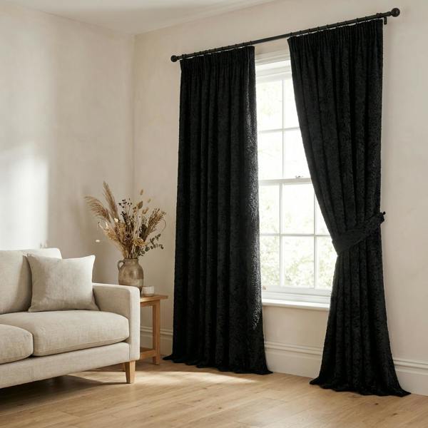 Athens made-to-measure curtains in Noir, styled in a living room