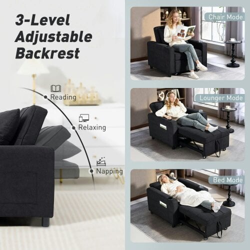 Wyld Haus Soliri Black Upholstered 3 In One Convertible Single Sofa Bed Tufted Cushion
