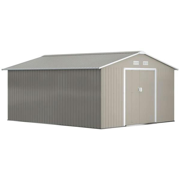 Light grey metal garden storage shed with double doors and sloped roof