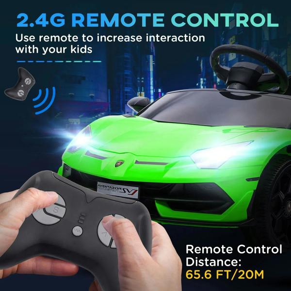 Lamborghini Aventador 12V kids electric car in bright green, steering wheel and remote control