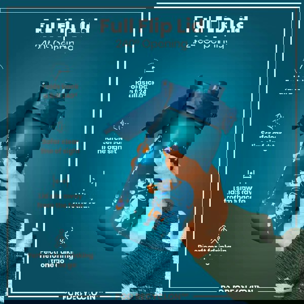 A teal water bottle, featuring a space theme, is held; its full flip lid opens 240°. The bottle is shown against a teal background. Full Flip Lid 240° Opening. POD RECYCLON™.