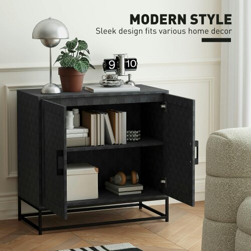 Wyld Haus Nelima Black Freestanding Retro Sideboard With Double Doors Geometric Pattern