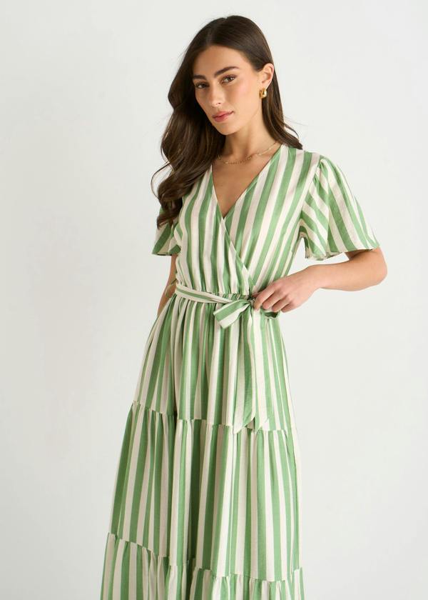 Gini London Sage Green Stripe Wrap Belted Viscose Midi Dress