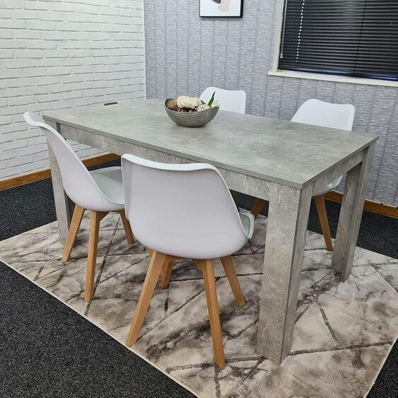 Kosy Koala Stone Grey Effect Wood Dining Table Set with 4 White Plastic Chairs Modern Dining Room Furniture