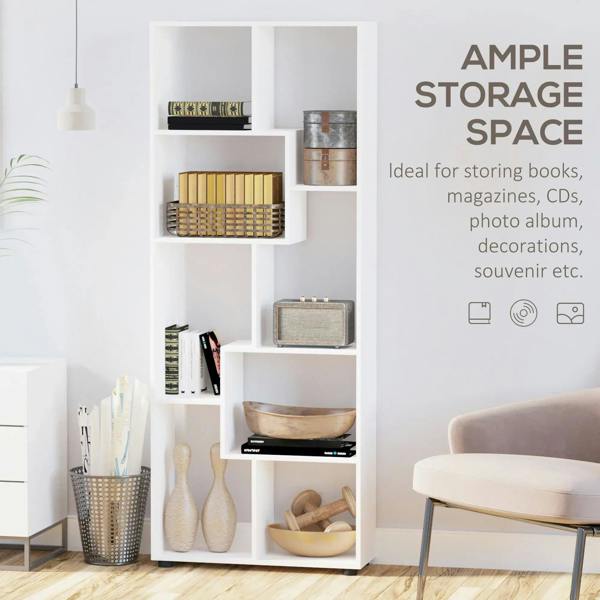 White 8-cube bookcase with open compartments filled with books, CDs, and decor items.