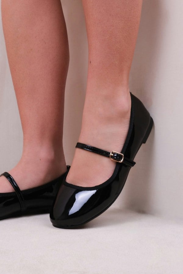 Where's That From Josie Ballerina Flats With Strap Detail in Black Patent