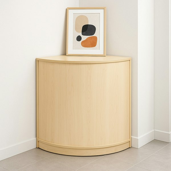 Corner counter in light maple wood with a smooth finish, featuring a rounded design, ideal for retail spaces or home decor