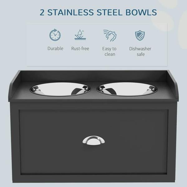 Black raised pet feeding station featuring two stainless steel bowls in a drawer frame