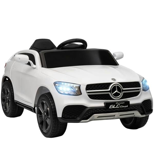 White kids ride-on Mercedes-Benz GLC coupe with LED headlights and black grille