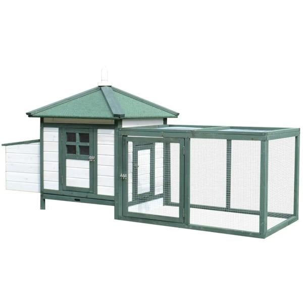 Green wooden chicken coop with nesting box and enclosed mesh run