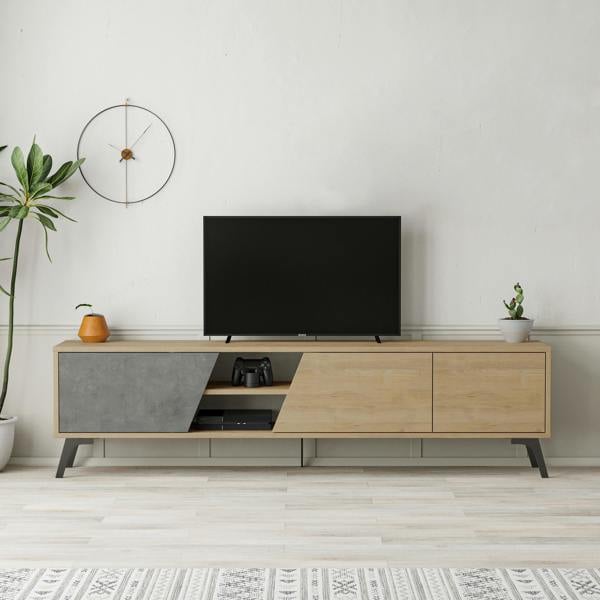 Decortie Fiona Modern TV Unit Multimedia Cabinet with Storage Doors 75" Oak White 180cm