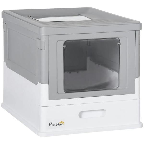 Grey hooded cat litter box with front entry window and open top
