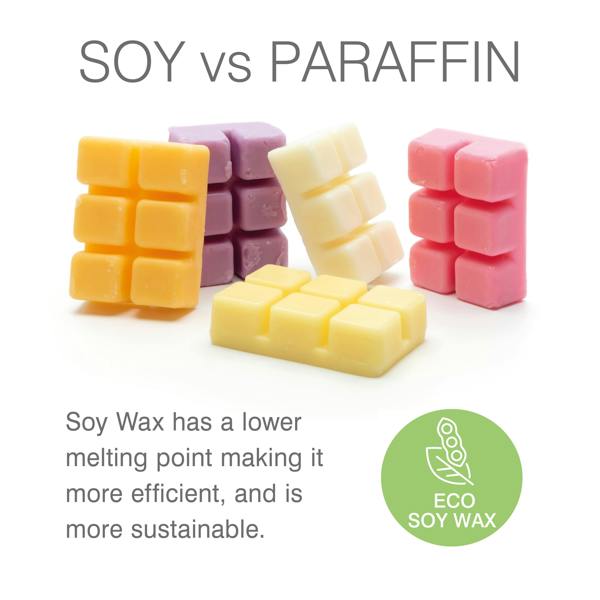 Five Rio Scented Soy Wax Melts—Pack of 5 Fragrances—are displayed on a white surface under SOY vs PARAFFIN. Text highlights soy wax’s eco-friendly benefits, with a green Eco Soy Wax icon and soybean graphic—perfect for wax burners.