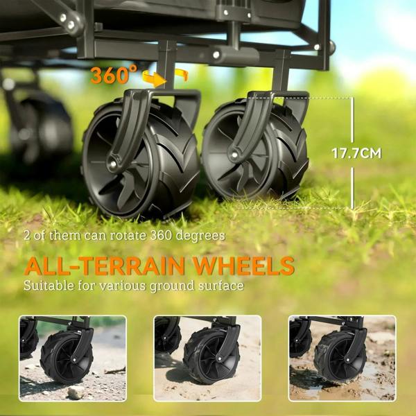 Close-up of black cart’s 4 all-terrain wheels with rotating swivel mounts