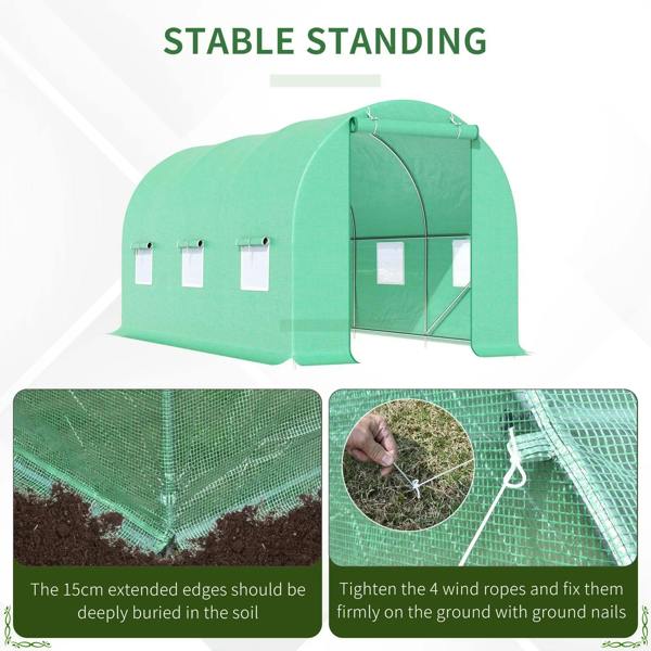 Green tunnel greenhouse with reinforced frame and extended base edges with tie ropes