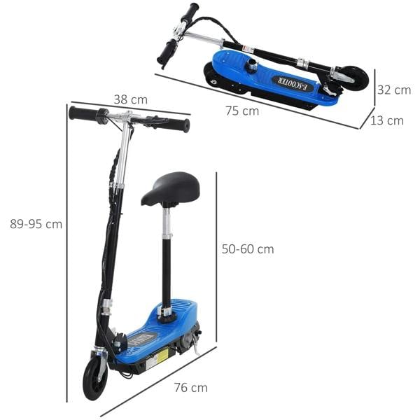 Blue electric kids scooter with adjustable handle and seat, size diagram