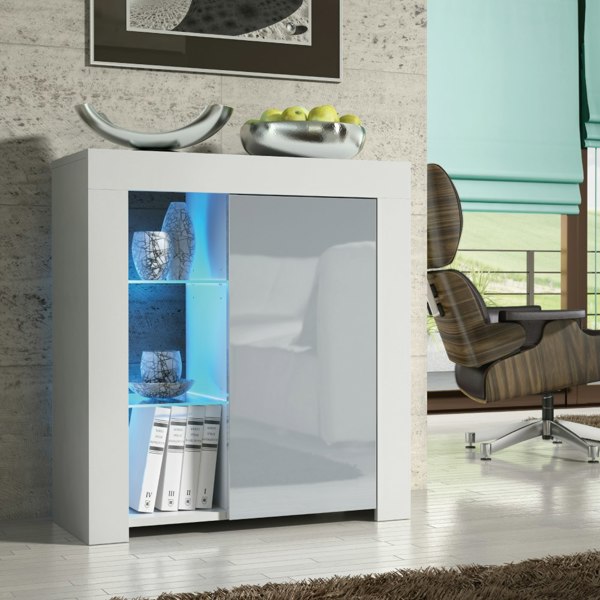 Mex Furniture 83cm Grey Cabinet Cupboard Sideboard with High Gloss Door and Free LED Lights