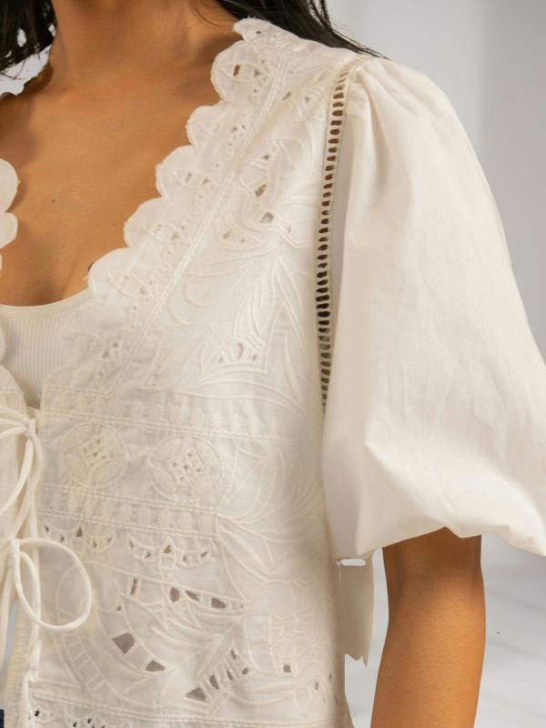 Rose & Nancy Emilie Embroidered White Tie Front Top&nbsp;