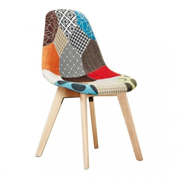 Life Interiors Single Patchwork Multi Colors Fabric Dining Chair with Wooden Legs, Mid-Century Modern Accent Chair