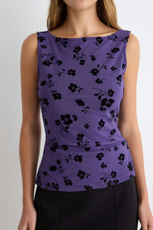 WOVCOR Fitted Crew Neck Sleeveless Regular Tulle Blouse