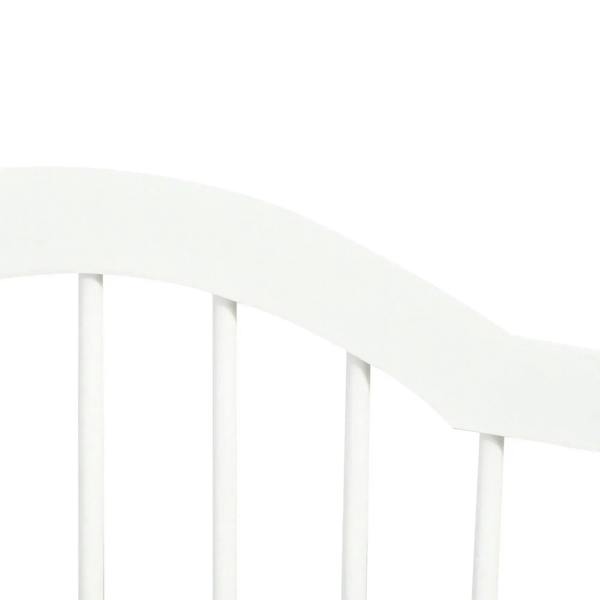 White arched fence panel detail with vertical bars and smooth top rail