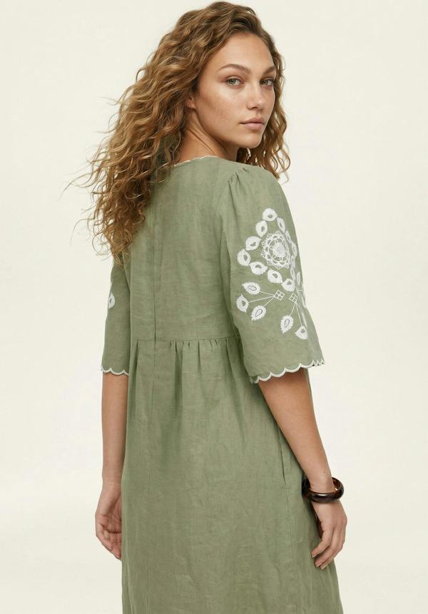 Raffya Arabella V- Neck Embroidered Mini Dress In Sage Green