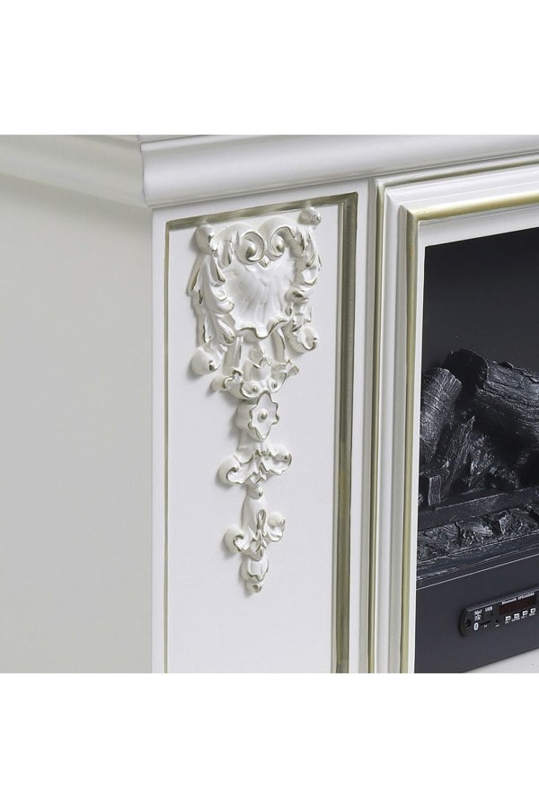 Living and Home Natural Resin Carved Craftsman TV Stand Electric Fireplace Adjustable Flame with Remote - White & Gold