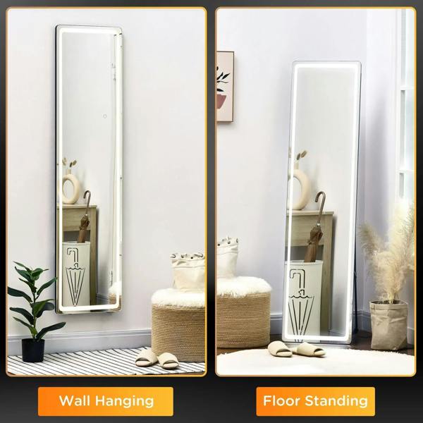 Tall LED mirror showing wall-hanging and floor-standing setup, black frame