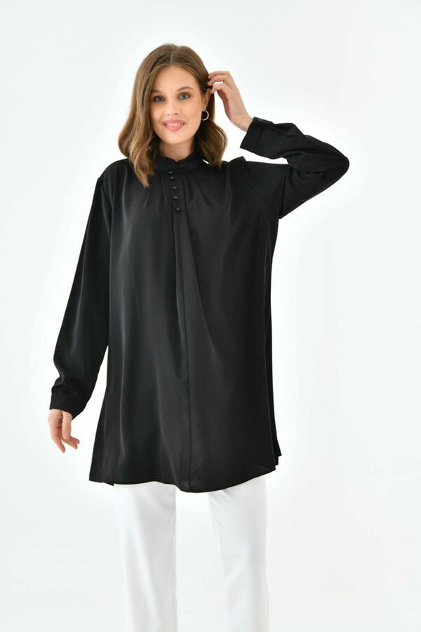 Hoxton Gal Oversized Long Sleeve Button Detailed Tunic Top in Black