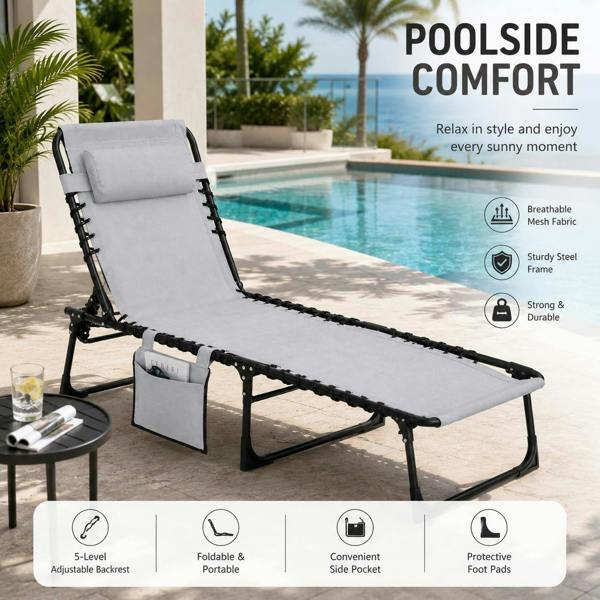 Foldable Sunbed Lounger-Light Grey image 5
